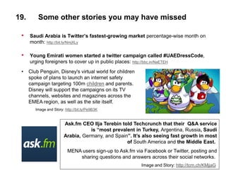 19.       Some other stories you may have missed

 •    Saudi Arabia is Twitter‟s fastest-growing market percentage-wise m...