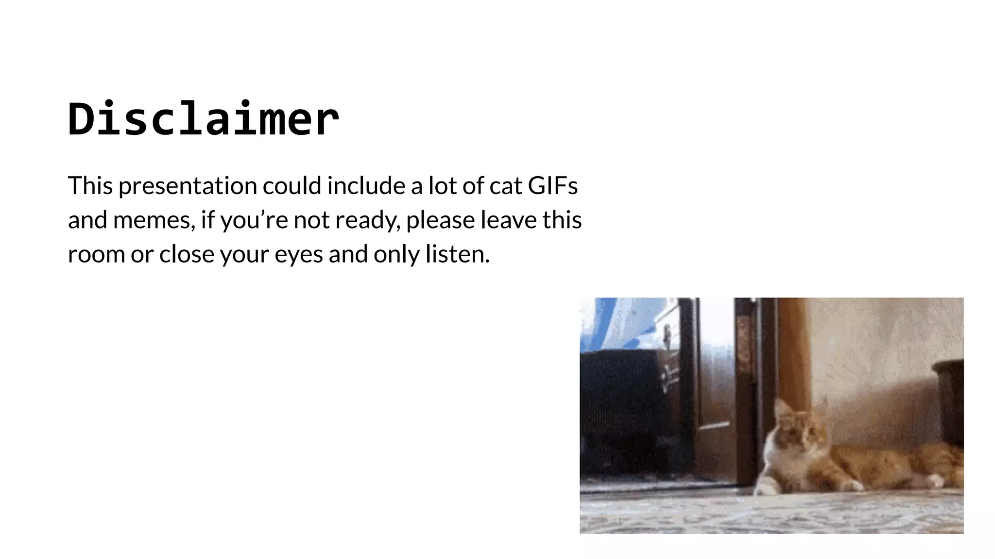 Disclaimer
This presentation could include a lot of cat GIFs
and memes, if you’re not ready, please leave this
room or close your eyes and only listen.
 