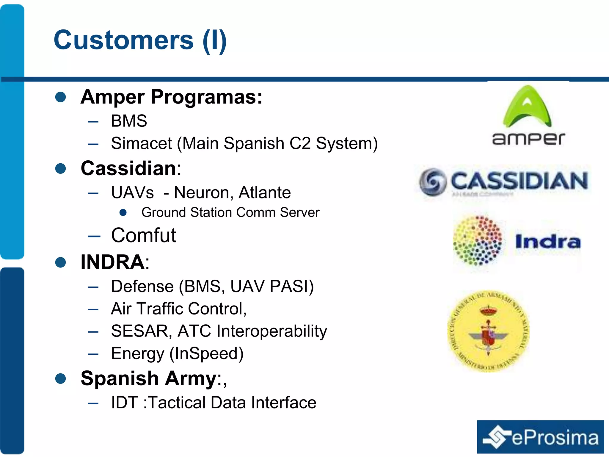 Customers (I) 
 Amper Programas: 
– BMS 
– Simacet (Main Spanish C2 System) 
 Cassidian: 
– UAVs - Neuron, Atlante 
 Ground Station Comm Server 
– Comfut 
 INDRA: 
– Defense (BMS, UAV PASI) 
– Air Traffic Control, 
– SESAR, ATC Interoperability 
– Energy (InSpeed) 
 Spanish Army:, 
– IDT :Tactical Data Interface 
 