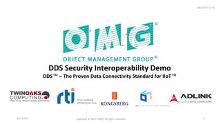 9/27/2017 Copyright © 2017 OMG. All rights reserved. 1
DDS Security Interoperability Demo
DDS™ – The Proven Data Connectivity Standard for IIoT™
dds/2017-12-01
 