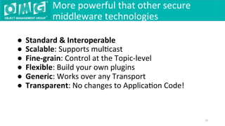 ●  Standard	&	Interoperable	
●  Scalable:	Supports	mulQcast	
●  Fine-grain:	Control	at	the	Topic-level	
●  Flexible:	Build	your	own	plugins	
●  Generic:	Works	over	any	Transport	
●  Transparent:	No	changes	to	ApplicaQon	Code!	
	
More	powerful	that	other	secure	
middleware	technologies	
15	
 
