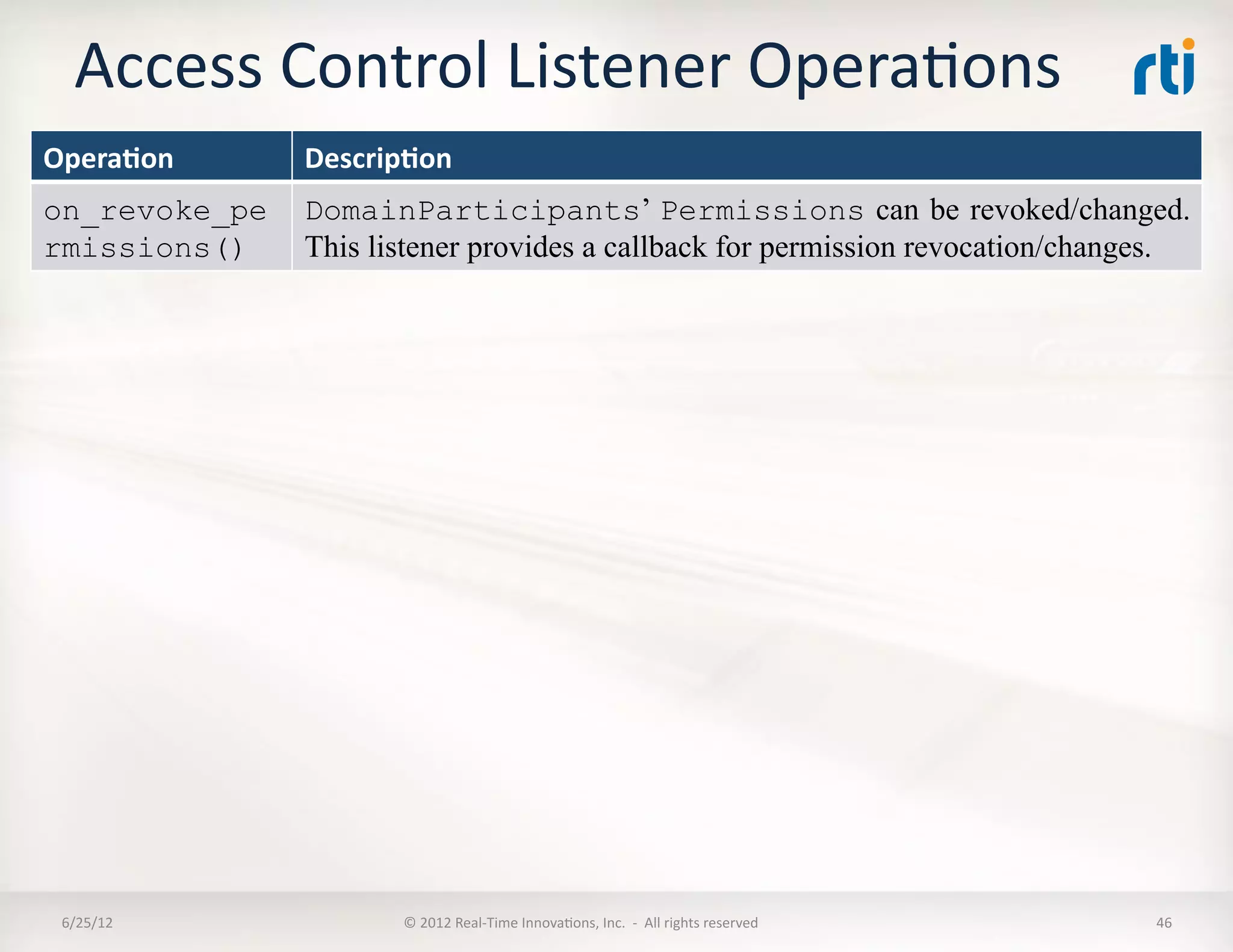 Access	
  Control	
  Listener	
  OperaLons	
  
Opera5on	
        Descrip5on	
  
on_revoke_pe      DomainParticipants’ Permissions can be revoked/changed.
rmissions()	
     This listener provides a callback for permission revocation/changes.




 6/25/12	
                ©	
  2012	
  Real-­‐Time	
  InnovaLons,	
  Inc.	
  	
  -­‐	
  	
  All	
  rights	
  reserved	
     46	
  
 