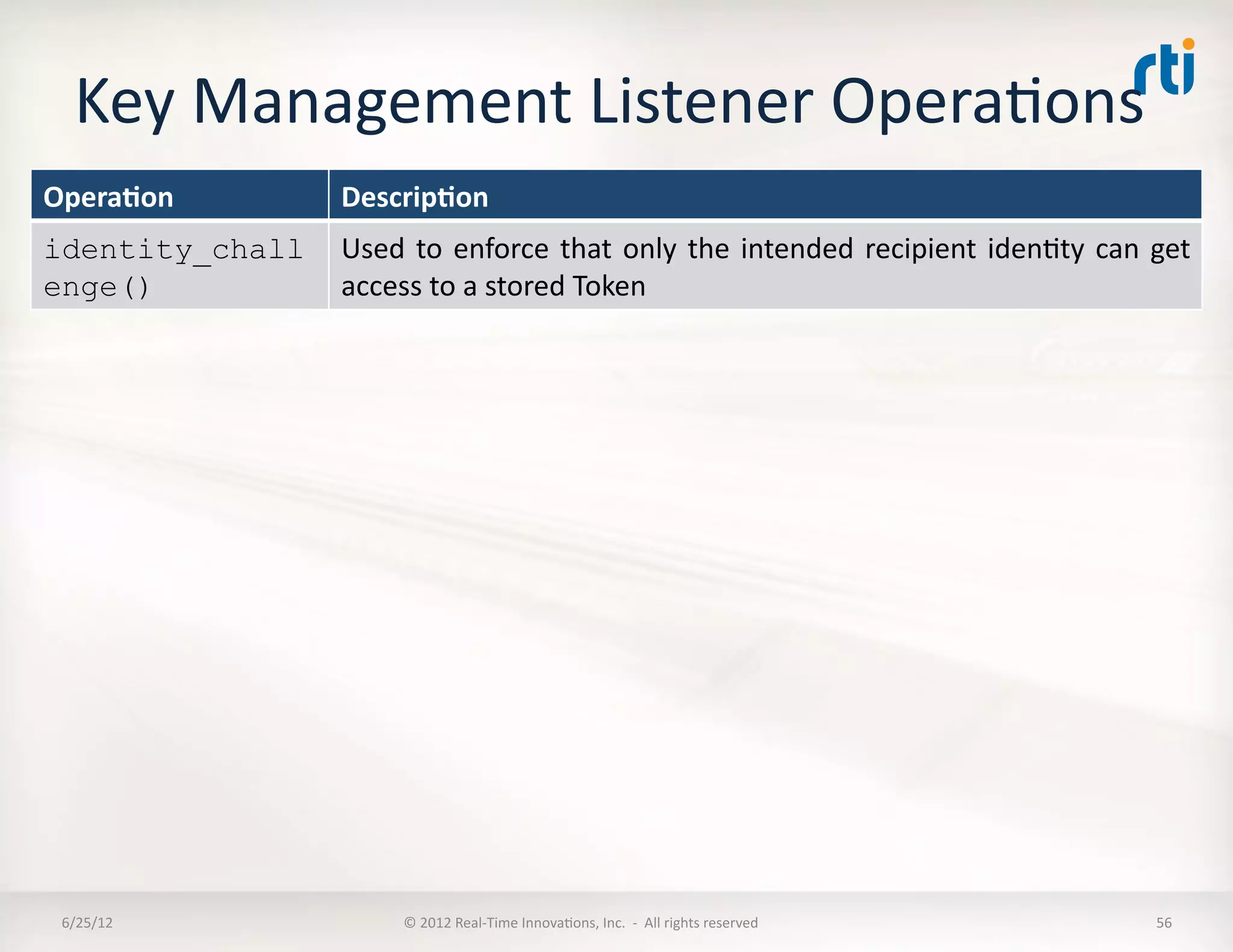 Key	
  Management	
  Listener	
  OperaLons	
  
Opera5on	
       Descrip5on	
  
identity_chall   Used	
   to	
   enforce	
   that	
   only	
   the	
   intended	
   recipient	
   idenLty	
   can	
   get	
  
enge()           access	
  to	
  a	
  stored	
  Token




 6/25/12	
              ©	
  2012	
  Real-­‐Time	
  InnovaLons,	
  Inc.	
  	
  -­‐	
  	
  All	
  rights	
  reserved	
     56	
  
 