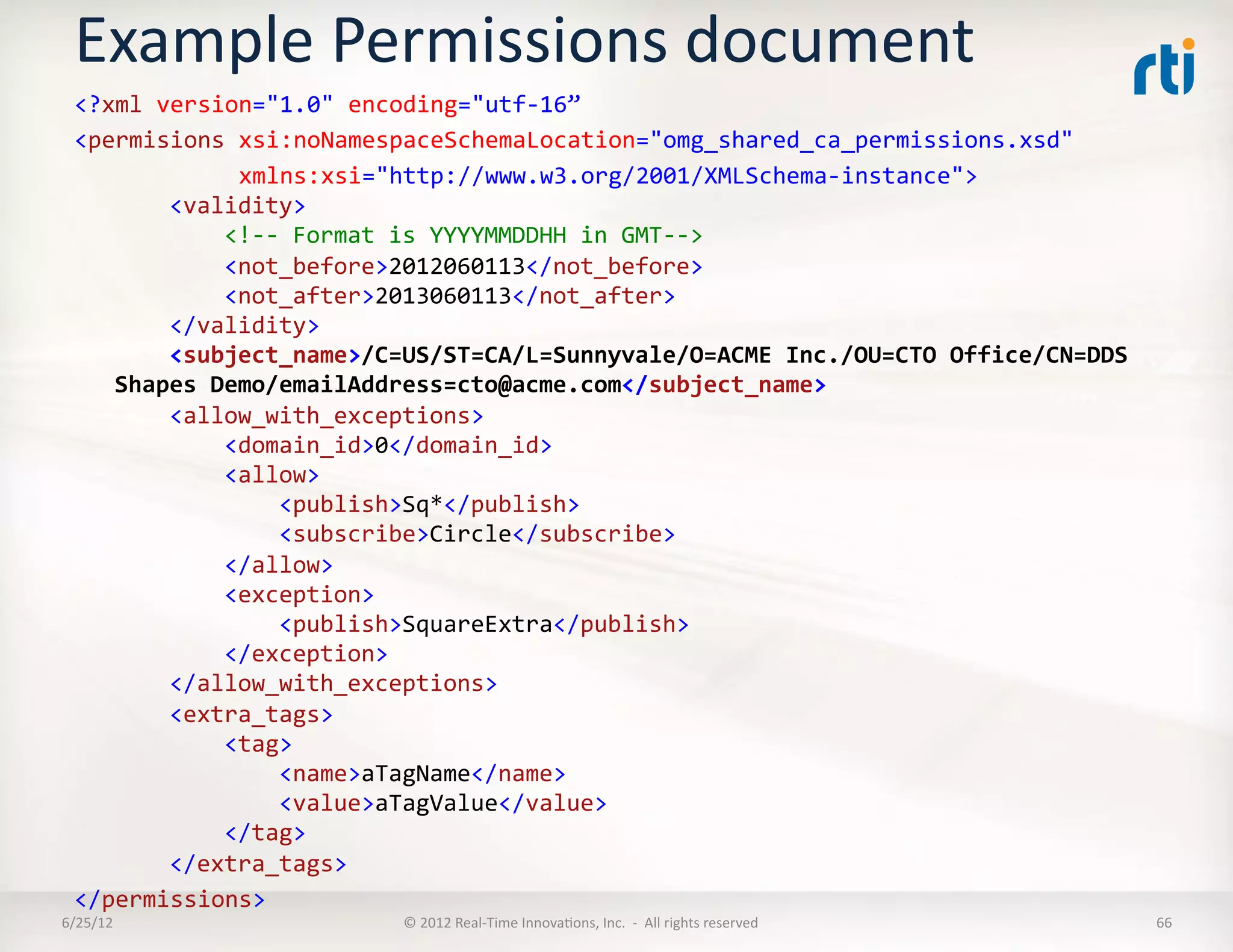 Example	
  Permissions	
  document	
  
  <?xml	
  version="1.0"	
  encoding="utf-­‐16”	
  
  <permisions	
  xsi:noNamespaceSchemaLocation="omg_shared_ca_permissions.xsd"	
  	
  
  	
  	
  	
  	
  	
  	
  	
  	
  	
  	
  	
  	
  xmlns:xsi="http://www.w3.org/2001/XMLSchema-­‐instance">	
  
              	
  	
  	
  	
  <validity>	
  
              	
  	
  	
  	
  	
  	
  	
  	
  <!-­‐-­‐	
  Format	
  is	
  YYYYMMDDHH	
  in	
  GMT-­‐-­‐>	
  
              	
  	
  	
  	
  	
  	
  	
  	
  <not_before>2012060113</not_before>	
  
              	
  	
  	
  	
  	
  	
  	
  	
  <not_after>2013060113</not_after>	
  
              	
  	
  	
  	
  </validity>	
  
              	
  	
  	
  	
  <subject_name>/C=US/ST=CA/L=Sunnyvale/O=ACME	
  Inc./OU=CTO	
  Office/CN=DDS	
  
              Shapes	
  Demo/emailAddress=cto@acme.com</subject_name>	
  
              	
  	
  	
  	
  <allow_with_exceptions>	
  
              	
  	
  	
  	
  	
  	
  	
  	
  <domain_id>0</domain_id>	
  
              	
  	
  	
  	
  	
  	
  	
  	
  <allow>	
  
              	
  	
  	
  	
  	
  	
  	
  	
  	
  	
  	
  	
  <publish>Sq*</publish>	
  
              	
  	
  	
  	
  	
  	
  	
  	
  	
  	
  	
  	
  <subscribe>Circle</subscribe>	
  
              	
  	
  	
  	
  	
  	
  	
  	
  </allow>	
  
              	
  	
  	
  	
  	
  	
  	
  	
  <exception>	
  
              	
  	
  	
  	
  	
  	
  	
  	
  	
  	
  	
  	
  <publish>SquareExtra</publish>	
  
              	
  	
  	
  	
  	
  	
  	
  	
  </exception>	
  
              	
  	
  	
  	
  </allow_with_exceptions>	
  
              	
  	
  	
  	
  <extra_tags>	
  
              	
  	
  	
  	
  	
  	
  	
  	
  <tag>	
  
              	
  	
  	
  	
  	
  	
  	
  	
  	
  	
  	
  	
  <name>aTagName</name>	
  
              	
  	
  	
  	
  	
  	
  	
  	
  	
  	
  	
  	
  <value>aTagValue</value>	
  
              	
  	
  	
  	
  	
  	
  	
  	
  </tag>	
  
              	
  	
  	
  	
  </extra_tags>	
  
  </permissions>	

6/25/12	
                          ©	
  2012	
  Real-­‐Time	
  InnovaLons,	
  Inc.	
  	
  -­‐	
  	
  All	
  rights	
  reserved	
     66	
  
 