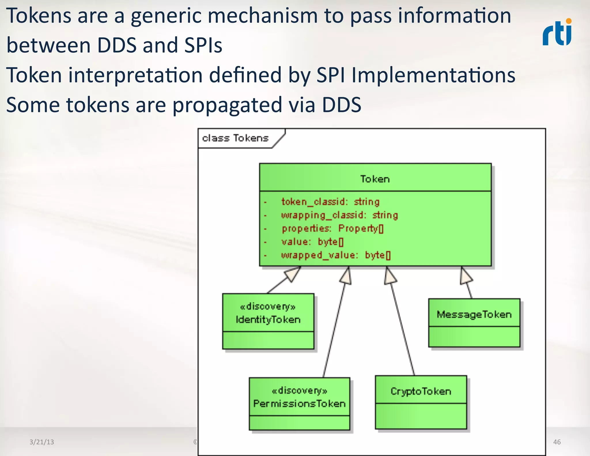 Tokens	
  are	
  a	
  generic	
  mechanism	
  to	
  pass	
  informaKon	
  
between	
  DDS	
  and	
  SPIs	
  
Token	
  interpretaKon	
  deﬁned	
  by	
  SPI	
  ImplementaKons	
  
Some	
  tokens	
  are	
  propagated	
  via	
  DDS	
  




   3/21/13	
              ©	
  2012	
  Real-­‐Time	
  InnovaKons,	
  Inc.	
  	
  -­‐	
  	
  All	
  rights	
  reserved	
     46	
  
 