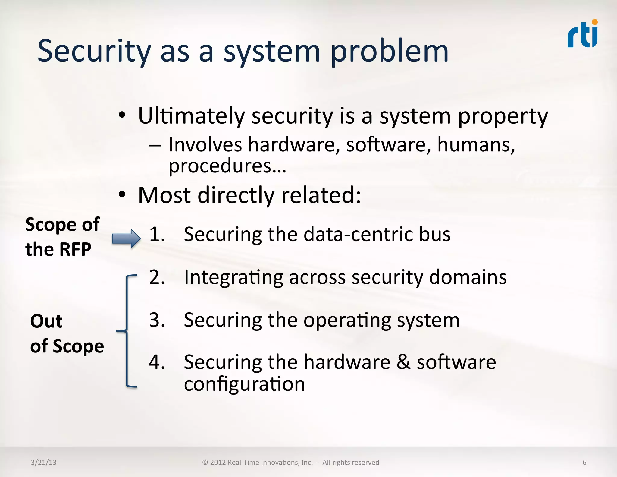 Security	
  as	
  a	
  system	
  problem	
  
                  •  UlKmately	
  security	
  is	
  a	
  system	
  property	
  
                      –  Involves	
  hardware,	
  so`ware,	
  humans,	
  
                         procedures…	
  
                  •  Most	
  directly	
  related:	
  
Scope	
  of	
         1.  Securing	
  the	
  data-­‐centric	
  bus	
  
the	
  RFP	
  
                      2.  IntegraKng	
  across	
  security	
  domains	
  
Out	
                 3.  Securing	
  the	
  operaKng	
  system	
  
of	
  Scope	
  
                      4.  Securing	
  the	
  hardware	
  &	
  so`ware	
  
                          conﬁguraKon	
  


 3/21/13	
                    ©	
  2012	
  Real-­‐Time	
  InnovaKons,	
  Inc.	
  	
  -­‐	
  	
  All	
  rights	
  reserved	
     6	
  
 