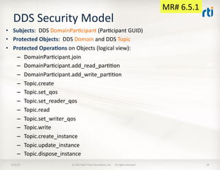 MR#	
  6.5.1	
  
    DDS	
  Security	
  Model	
  
•  Subjects:	
  	
  DDS	
  DomainParKcipant	
  (ParKcipant	
  GUID)	
  
...