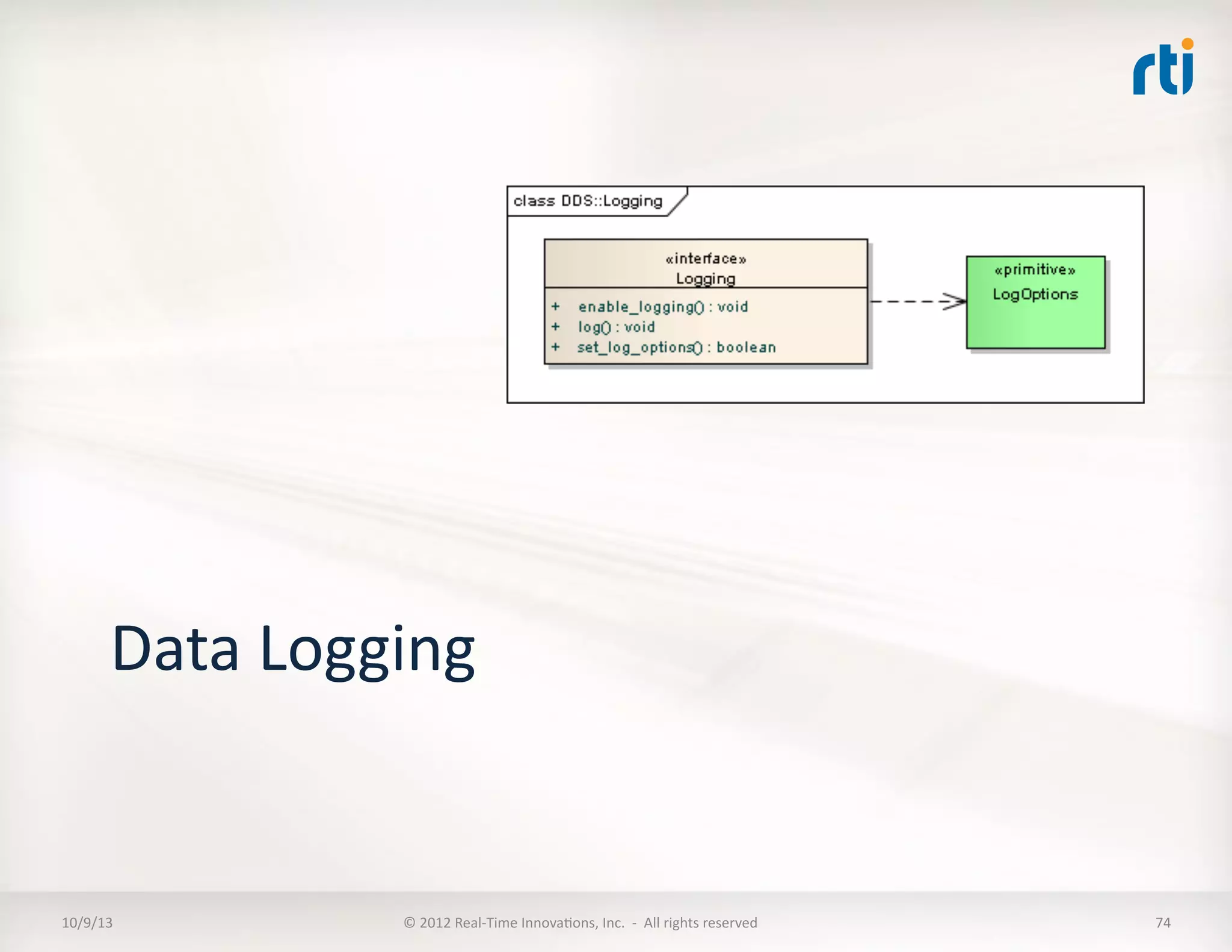 Data	
  Logging	
  
10/9/13	
   ©	
  2012	
  Real-­‐Time	
  InnovaTons,	
  Inc.	
  	
  -­‐	
  	
  All	
  rights	
  reserved	
   74	
  
 