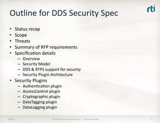 Outline	
  for	
  DDS	
  Security	
  Spec	
  
•  Status	
  recap	
  
•  Scope	
  
•  Threats	
  
•  Summary	
  of	
  RFP	
...
