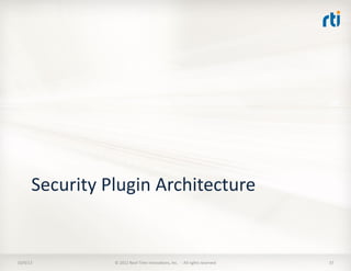 Security	
  Plugin	
  Architecture	
  
10/9/13	
   ©	
  2012	
  Real-­‐Time	
  InnovaTons,	
  Inc.	
  	
  -­‐	
  	
  All	
...