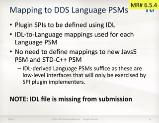 Mapping	
  to	
  DDS	
  Language	
  PSMs	
  	
  
•  Plugin	
  SPIs	
  to	
  be	
  deﬁned	
  using	
  IDL	
  
•  IDL-­‐to-­...