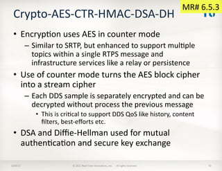 Crypto-­‐AES-­‐CTR-­‐HMAC-­‐DSA-­‐DH	
  
•  EncrypTon	
  uses	
  AES	
  in	
  counter	
  mode	
  
–  Similar	
  to	
  SRTP...