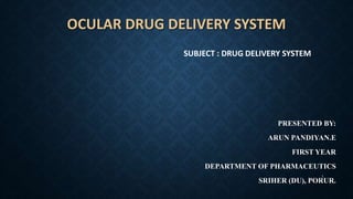 OCULAR DRUG DELIVERY SYSTEM
PRESENTED BY:
ARUN PANDIYAN.E
FIRST YEAR
DEPARTMENT OF PHARMACEUTICS
SRIHER (DU), PORUR.
SUBJECT : DRUG DELIVERY SYSTEM
1
 