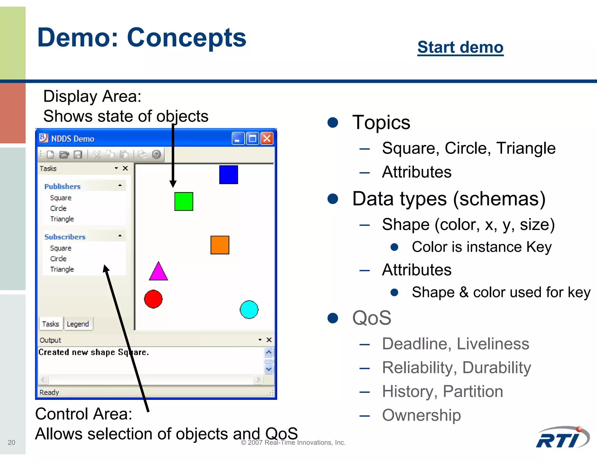 Demo: Concepts                                                         Start demo

      Display Area:
      Shows state of objects                                       Topics
                                                                   – Square, Circle, Triangle
                                                                   – Attributes
                                                                   Data types (schemas)
                                                                   – Shape (color, x, y, size)
                                                                            Color is instance Key
                                                                   – Attributes
                                                                            Shape & color used for key
                                                                   QoS
                                                                   –   Deadline, Liveliness
                                                                   –   Reliability, Durability
                                                                   –   History, Partition
     Control Area:                                                 –   Ownership
20
     Allows selection of objects and Real-Time Innovations, Inc.
                                  © 2007
                                         QoS
 