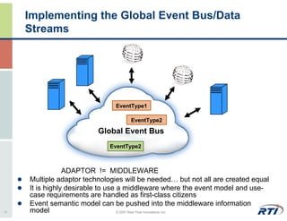 Implementing the Global Event Bus/Data
     Streams




                                EventType1

                                    EventType2

                          Global Event Bus
                              EventType2



                 ADAPTOR != MIDDLEWARE
     Multiple adaptor technologies will be needed… but not all are created equal
     It is highly desirable to use a middleware where the event model and use-
     case requirements are handled as first-class citizens
     Event semantic model can be pushed into the middleware information
11   model                         © 2007 Real-Time Innovations, Inc.
 