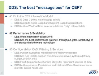 DDS: The best “message bus” for CEP?

     #1 Fit to the CEP information Model
      – DDS is Data-Centric, not message centric
      – DDS Supports Topic-Based and Content-Based Subscriptions
      – DDS built-in Window/Time selectors delivers *only* relevant data

     #2 Performance & Scalability
      – DDS offers notification-based APIs
      – DDS has the best performance (latency, throughput, jitter, scalability) of
         any standard middleware technology

     #3 Configurability, QoS, Filtering & Services
      – DDS Publish-Subscribe model delivers wherever needed
      – DDS has rich QoS to support real-time event-driven systems (latency
        budget, priority, etc.)
      – DDS Fault-Tolerance Mechanism allows for redundant sources of data
      – DDS built-in services Persistence and Historical Data Services ensures
        relevant data is never lost
23                               © 2007 Real-Time Innovations, Inc.
 