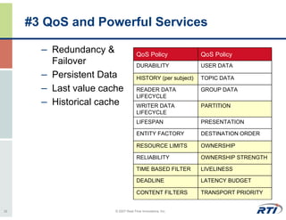 #3 QoS and Powerful Services

       – Redundancy &                 QoS Policy              QoS Policy
         Failover                     DURABILITY              USER DATA
       – Persistent Data              HISTORY (per subject)   TOPIC DATA

       – Last value cache             READER DATA             GROUP DATA
                                      LIFECYCLE
       – Historical cache             WRITER DATA             PARTITION
                                      LIFECYCLE
                                      LIFESPAN                PRESENTATION

                                      ENTITY FACTORY          DESTINATION ORDER

                                      RESOURCE LIMITS         OWNERSHIP

                                      RELIABILITY             OWNERSHIP STRENGTH

                                      TIME BASED FILTER       LIVELINESS

                                      DEADLINE                LATENCY BUDGET

                                      CONTENT FILTERS         TRANSPORT PRIORITY


32                      © 2007 Real-Time Innovations, Inc.
 