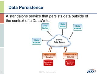 Data Persistence
     A standalone service that persists data outside of
     the context of a DataWriter
                                                               Data
                                Data                           Writer            Data
                                Writer                                          Reader




                      Data                               Global
                     Reader                            Data Space




                                  Persistence                       Persistence
                                    Service                           Service

                                   Permanent                            Permanent
                                    Storage                              Storage



34                        © 2007 Real-Time Innovations, Inc.
 