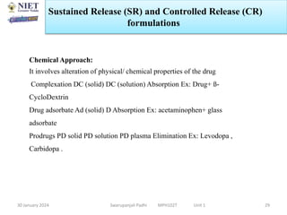 30 January 2024 Swarupanjali Padhi MPH102T Unit 1 29
Chemical Approach:
It involves alteration of physical/ chemical properties of the drug
Complexation DC (solid) DC (solution) Absorption Ex: Drug+ ß-
CycloDextrin
Drug adsorbate Ad (solid) D Absorption Ex: acetaminophen+ glass
adsorbate
Prodrugs PD solid PD solution PD plasma Elimination Ex: Levodopa ,
Carbidopa .
Sustained Release (SR) and Controlled Release (CR)
formulations
 