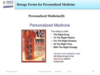 30 January 2024 Swarupanjali Padhi MPH102T Unit 1
Dosage Forms for Personalized Medicine
65
Personalized Medicine(8)
 