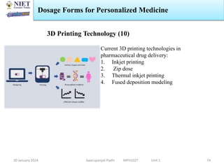 30 January 2024 Swarupanjali Padhi MPH102T Unit 1
Dosage Forms for Personalized Medicine
74
3D Printing Technology (10)
Current 3D printing technologies in
pharmaceutical drug delivery:
1. Inkjet printing
2. Zip dose
3. Thermal inkjet printing
4. Fused deposition modeling
 