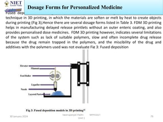 30 January 2024
Swarupanjali Padhi MPH102T
Unit 1
79
Fused deposition modelling (FDM) Fused deposition modelling (FDM) is commonly used
technique in 3D printing, in which the materials are soften or melt by heat to create objects
during printing (Fig 3),Hence there are several dosage forms listed in Table 3. FDM 3D printing
helps in manufacturing delayed release printlets without an outer enteric coating, and also
provides personalised dose medicines. FDM 3D printing however, indicates several limitations
of the system such as lack of suitable polymers, slow and often incomplete drug release
because the drug remain trapped in the polymers, and the miscibility of the drug and
additives with the polymers used was not evaluate Fig 3: Fused deposition
Dosage Forms for Personalized Medicine
 