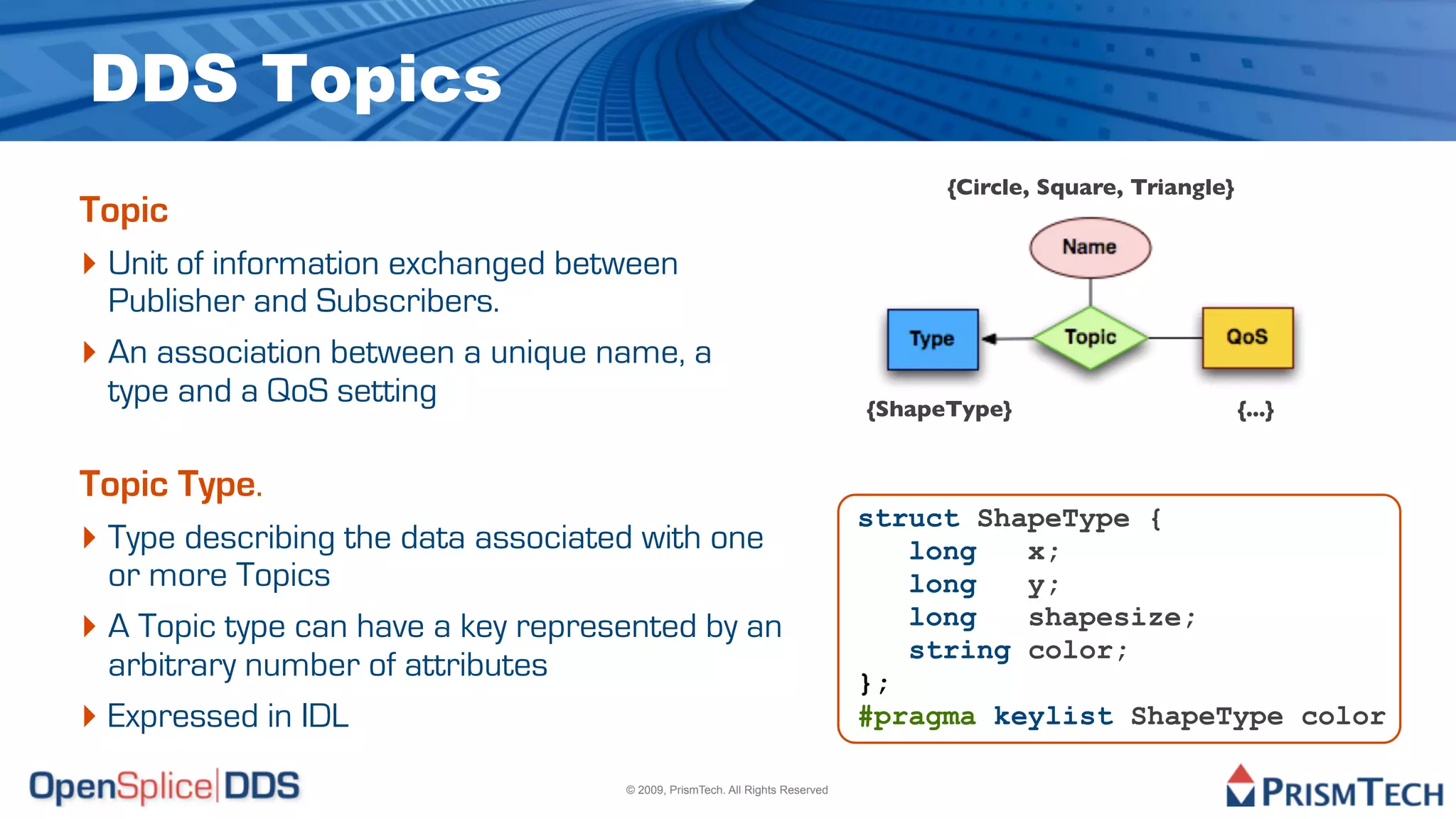 DDS Topics
                                                                                   {Circle, Square, Triangle}
Topic
‣ Unit of information exchanged between
  Publisher and Subscribers.
‣ An association between a unique name, a
  type and a QoS setting                                                     {ShapeType}                        {...}


Topic Type.
                                                                             struct ShapeType {
‣ Type describing the data associated with one                                  long   x;
  or more Topics                                                                long   y;
‣ A Topic type can have a key represented by an                                 long   shapesize;
                                                                                string color;
  arbitrary number of attributes                                             };
‣ Expressed in IDL                                                           #pragma keylist ShapeType color

                                    © 2009, PrismTech. All Rights Reserved
 