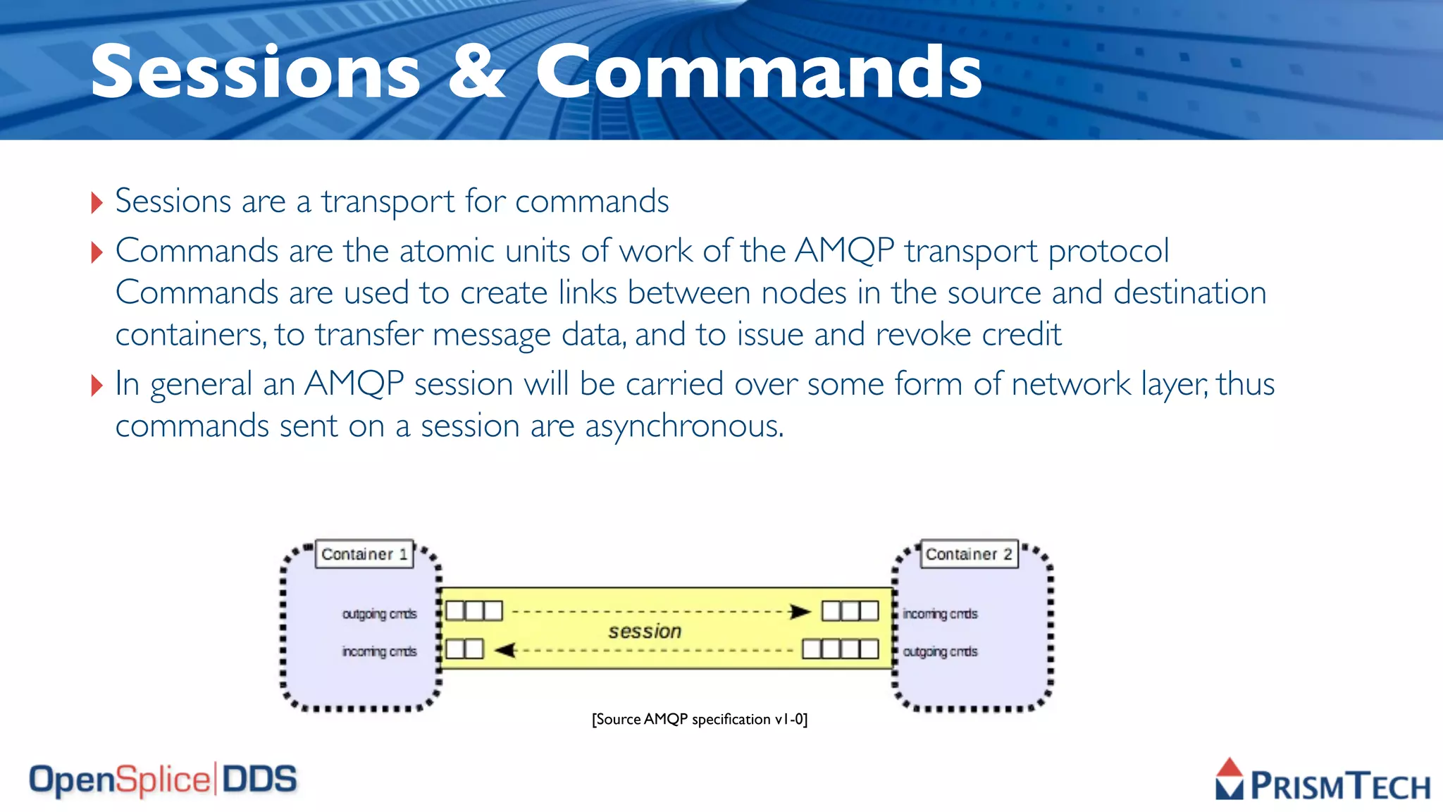 Sessions & Commands
‣ Sessions are a transport for commands
‣ Commands are the atomic units of work of the AMQP transport protocol
  Commands are used to create links between nodes in the source and destination
  containers, to transfer message data, and to issue and revoke credit
‣ In general an AMQP session will be carried over some form of network layer, thus
  commands sent on a session are asynchronous.




                                  [Source AMQP speciﬁcation v1-0]
 