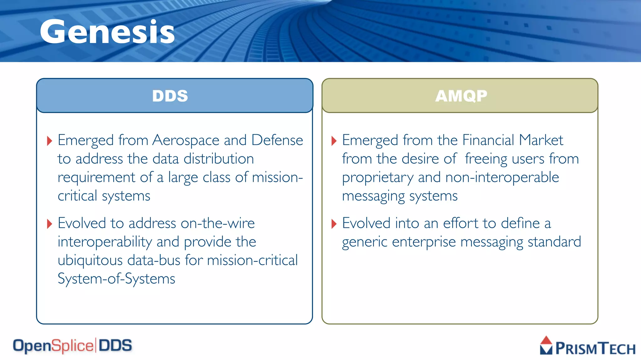 Genesis
                DDS                                         AMQP

‣ Emerged from Aerospace and Defense        ‣ Emerged from the Financial Market
 to address the data distribution            from the desire of freeing users from
 requirement of a large class of mission-    proprietary and non-interoperable
 critical systems                            messaging systems
‣ Evolved to address on-the-wire            ‣ Evolved into an effort to deﬁne a
 interoperability and provide the            generic enterprise messaging standard
 ubiquitous data-bus for mission-critical
 System-of-Systems
 