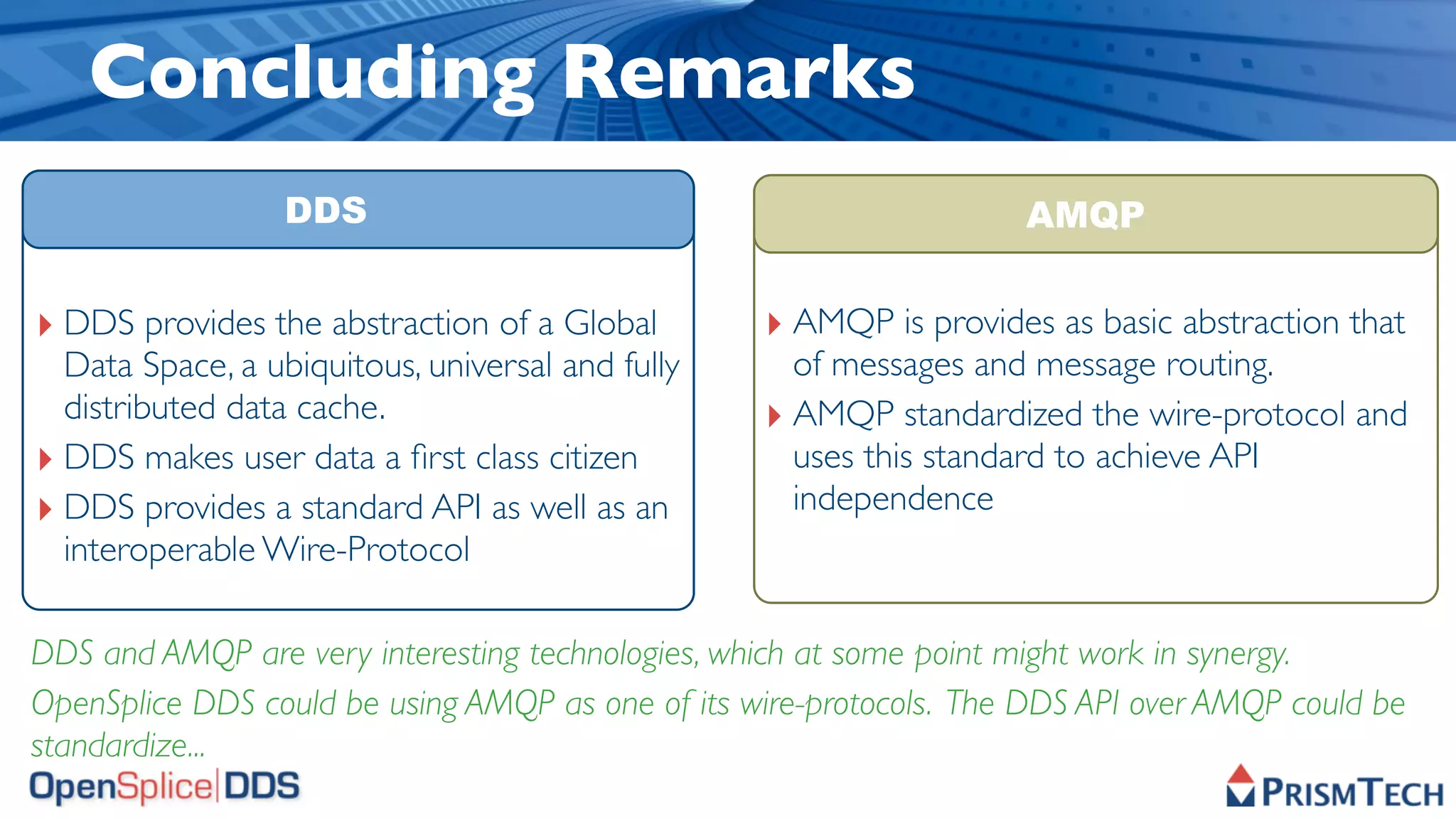 Concluding Remarks
                  DDS                                               AMQP


‣ DDS provides the abstraction of a Global        ‣ AMQP is provides as basic abstraction that
  Data Space, a ubiquitous, universal and fully     of messages and message routing.
  distributed data cache.                         ‣ AMQP standardized the wire-protocol and
‣ DDS makes user data a ﬁrst class citizen          uses this standard to achieve API
‣ DDS provides a standard API as well as an         independence
  interoperable Wire-Protocol

DDS and AMQP are very interesting technologies, which at some point might work in synergy.
OpenSplice DDS could be using AMQP as one of its wire-protocols. The DDS API over AMQP could be
standardize...
 