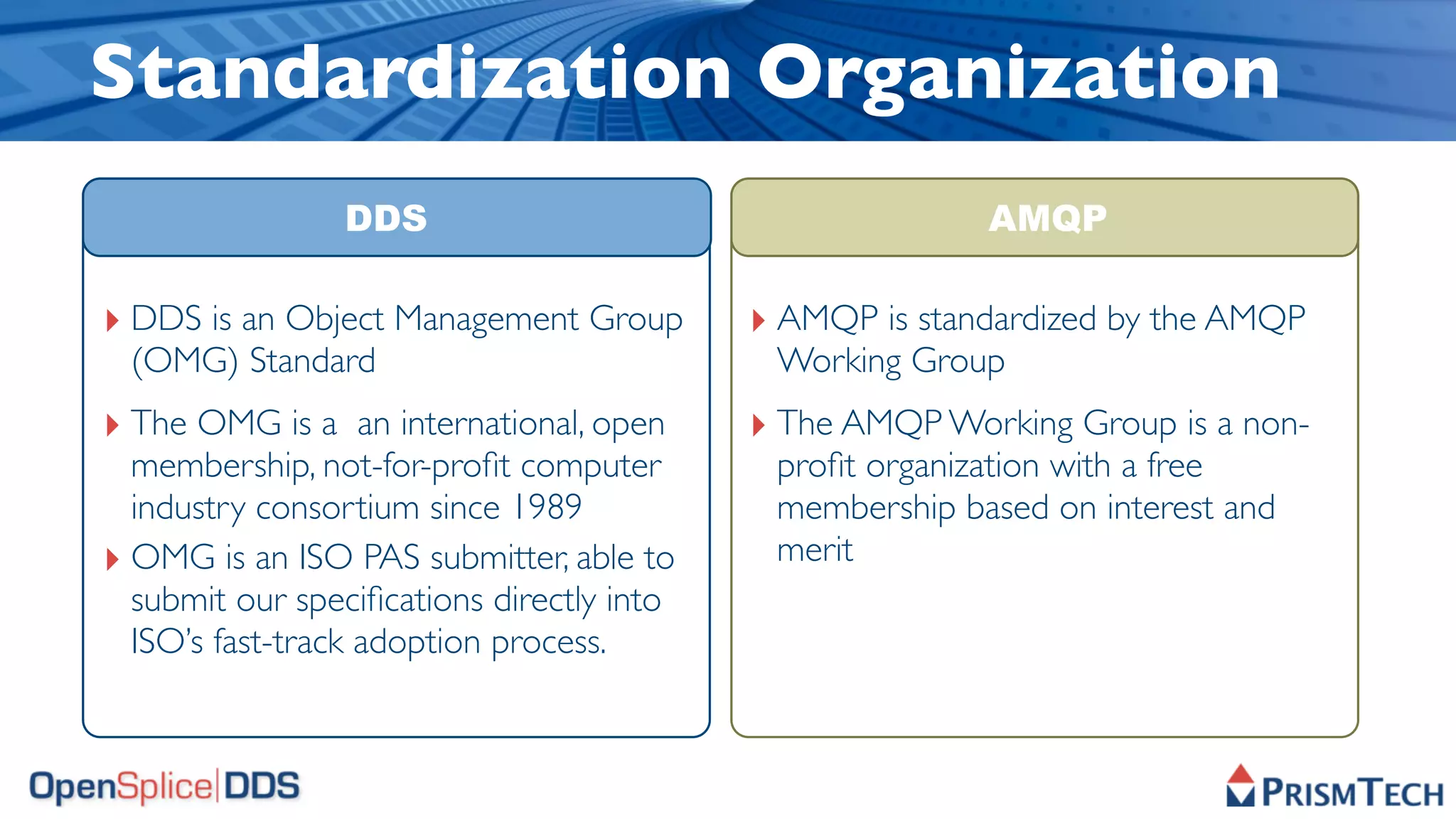 Standardization Organization
                DDS                                      AMQP

‣ DDS is an Object Management Group        ‣ AMQP is standardized by the AMQP
 (OMG) Standard                             Working Group
‣ The OMG is a an international, open      ‣ The AMQP Working Group is a non-
  membership, not-for-proﬁt computer        proﬁt organization with a free
  industry consortium since 1989            membership based on interest and
‣ OMG is an ISO PAS submitter, able to      merit
  submit our speciﬁcations directly into
  ISO’s fast-track adoption process.
 