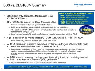 DDS vs. DDS4CCM Summary

                                                                      Teton’s Driving Architectural Tenets
     • DDS alone only addresses the OA and EDA                          • OA    Open Architecture (MOSA)
                                                                        • EDA   Event Driven Architecture (DOA)
       architectural tenets                                             • SOA   Service Oriented Architecture
                                                                        • CBA   Component Based Architecture
     • DDS4CCM adds support for SOA, CBA and MDA                        • MDA   Model Driven Architecture
         – Critical additional features/requirements for Teton
         – DDS alone provides performance & interoperability, but not modularity
         – The additional CBA & MDA promise of reduced development costs & schedules                        is
           not realizable with just DDS
         – Custom/proprietary SOA service definitions and protocols required with just DDS

     • A good case can be made that DDS4CCM (CBDDS) is a Real-Time SOA
         – DDS alone only provides support for a Real-Time SOA

     • No CBA means no standard execution container, auto-gen of boilerplate code
       and no end-to-end development process for SNA
         – No standard modularity – “free for all” process/thread level design and access of OS level
           system resources to duplicate CBA container functionality in a variety of custom ways
         – Greatly reduced software reuse, and thus system development cost & schedule

     • No MDA means no design or deployment planning tools, no modeling support,
       no ADL, no extensive auto-code (IDL) generation
         – Higher development costs, longer program development schedules

        Component-Based DDS (DDS4CCM) Addresses Many More DoD Customer Needs Than DDS Alone
41
 