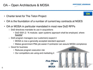 OA – Open Architecture & MOSA

                                                                                                                                                        OA
    • Charter tenet for The Teton Project
    • OA is the foundation of a number of current key contracts at NGES
    • OA or MOSA in particular mandated in most new DoD RFPs
        – DoD directives mandate its use in acquisitions
            • DoD 5001.2: “A modular, open systems approach shall be employed, where
              feasible”
        – DoD program managers (our customers) expect it
            • MOSA is now a generally accepted standard approach
            • Makes government PMs job easier if contractor can assure MOSA compliance
        – Good for business
            • Reduces program execution risk                          MOSA
            • Our competitors are using and marketing it




                                                                                                                                     Certified Conformance
                                                           Enabling Environment




                                                                                                                    Open Standards
                                                                                  Modular Design



                                                                                                   Key Interfaces
                                            Five Pillars
                                                Of
5
                                              MOSA
 