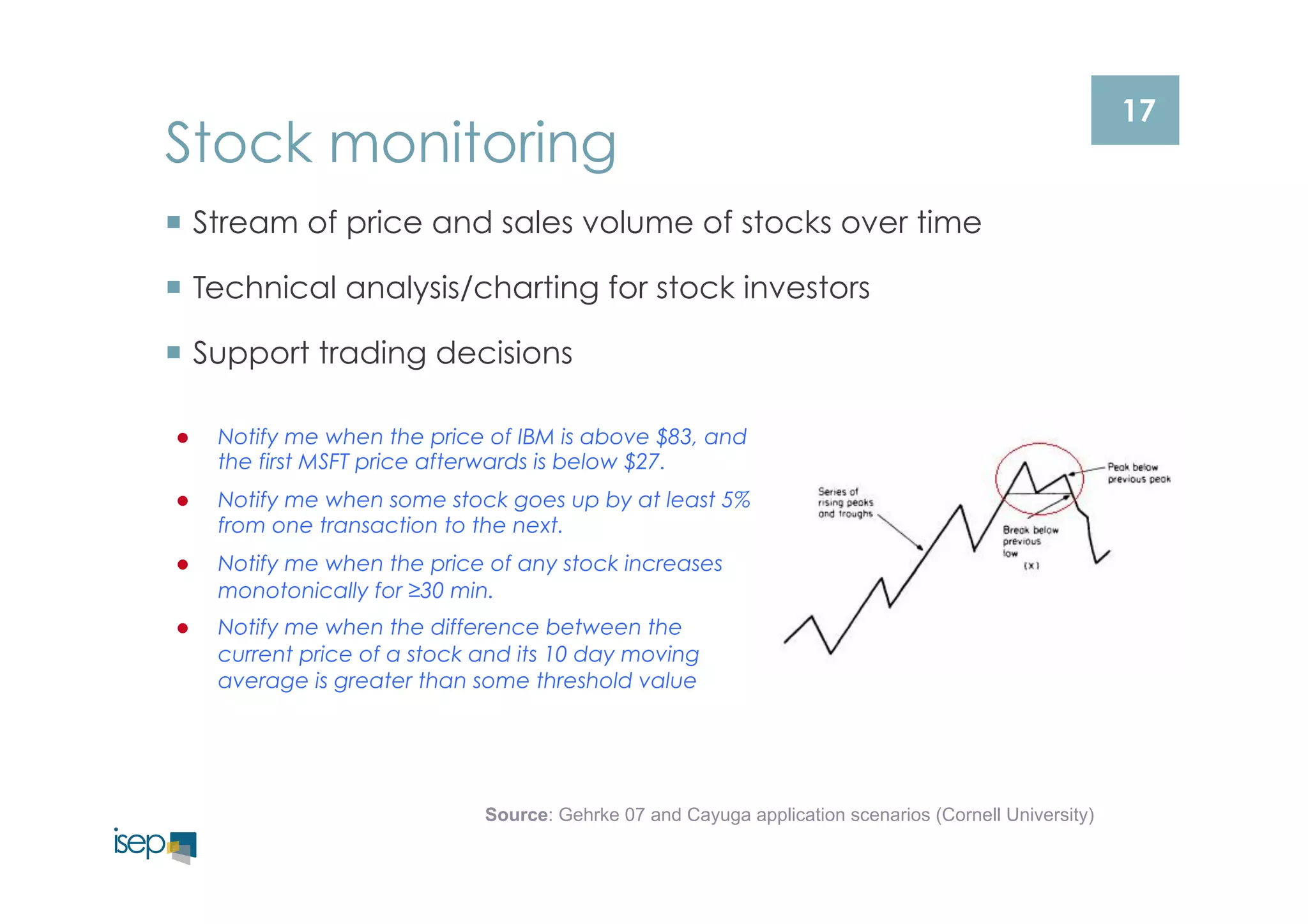 17 Stock monitoring 
¡ Stream of price and sales volume of stocks over time 
¡ Technical analysis/charting for stock investors 
¡ Support trading decisions 
l Notify me when the price of IBM is above $83, and 
the first MSFT price afterwards is below $27. 
l Notify me when some stock goes up by at least 5% 
from one transaction to the next. 
l Notify me when the price of any stock increases 
monotonically for ≥30 min. 
l Notify me when the difference between the 
current price of a stock and its 10 day moving 
average is greater than some threshold value 
Source: Gehrke 07 and Cayuga application scenarios (Cornell University) 
 