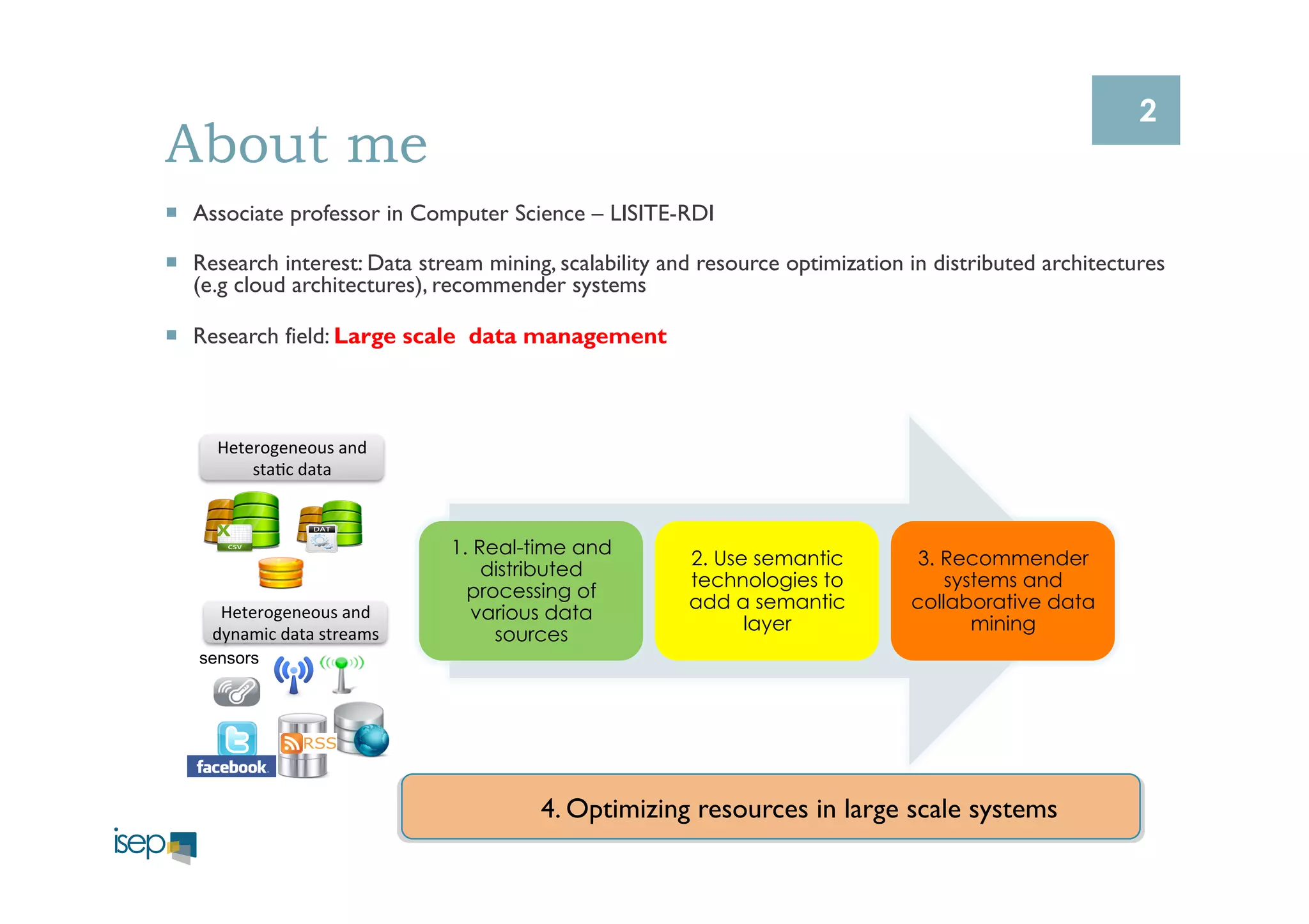 About me 
¡ Associate professor in Computer Science – LISITE-RDI 
¡ Research interest: Data stream mining, scalability and resource optimization in distributed architectures 
(e.g cloud architectures), recommender systems 
¡ Research field: Large scale data management 
1. Real-time and 
distributed 
processing of 
various data 
sources 
2. Use semantic 
technologies to 
add a semantic 
layer 
3. Recommender 
systems and 
collaborative data 
mining 
4. Optimizing resources in large scale systems 
Heterogeneous 
and 
sta1c 
data 
Heterogeneous 
and 
dynamic 
data 
streams 
sensors 
2 
 