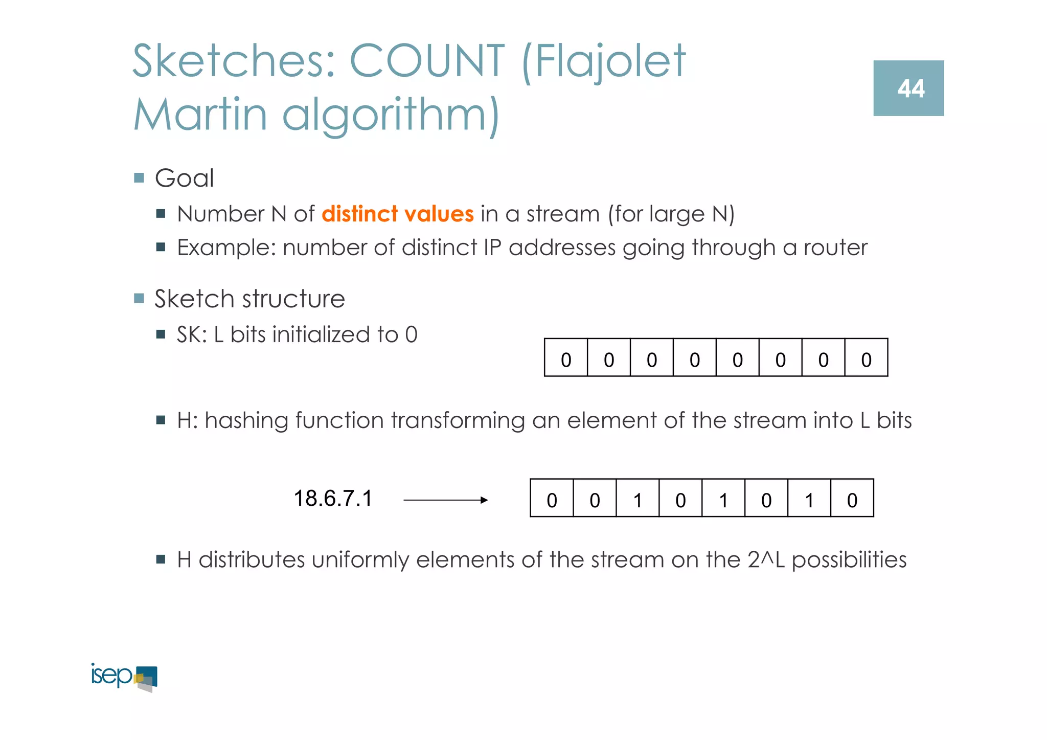 44 
Sketches: COUNT (Flajolet 
Martin algorithm) 
¡ Goal 
¡ Number N of distinct values in a stream (for large N) 
¡ Example: number of distinct IP addresses going through a router 
¡ Sketch structure 
¡ SK: L bits initialized to 0 
0 0 0 0 0 0 0 0 
¡ H: hashing function transforming an element of the stream into L bits 
18.6.7.1 0 0 1 0 1 0 1 0 
¡ H distributes uniformly elements of the stream on the 2^L possibilities 
 