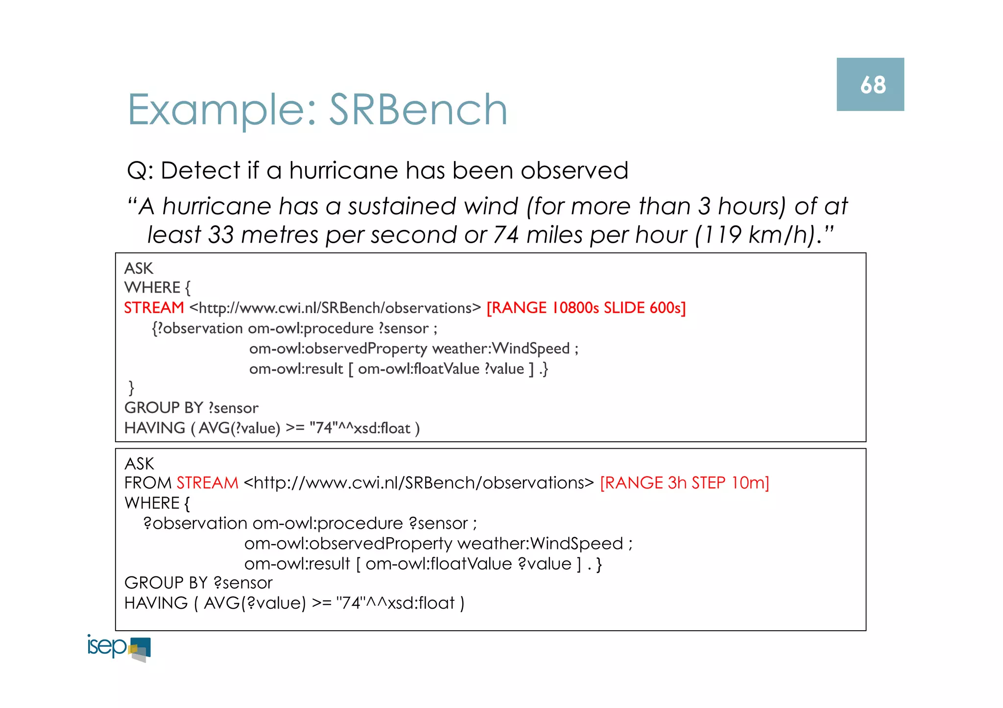 68 Example: SRBench 
Q: Detect if a hurricane has been observed 
“A hurricane has a sustained wind (for more than 3 hours) of at 
least 33 metres per second or 74 miles per hour (119 km/h).” 
ASK 
WHERE { 
STREAM <http://www.cwi.nl/SRBench/observations> [RANGE 10800s SLIDE 600s] 
{?observation om-owl:procedure ?sensor ; 
om-owl:observedProperty weather:WindSpeed ; 
om-owl:result [ om-owl:floatValue ?value ] .} 
} 
GROUP BY ?sensor 
HAVING ( AVG(?value) >= "74"^^xsd:float ) 
ASK 
FROM STREAM <http://www.cwi.nl/SRBench/observations> [RANGE 3h STEP 10m] 
WHERE { 
?observation om-owl:procedure ?sensor ; 
om-owl:observedProperty weather:WindSpeed ; 
om-owl:result [ om-owl:floatValue ?value ] . } 
GROUP BY ?sensor 
HAVING ( AVG(?value) >= "74"^^xsd:float ) 
 