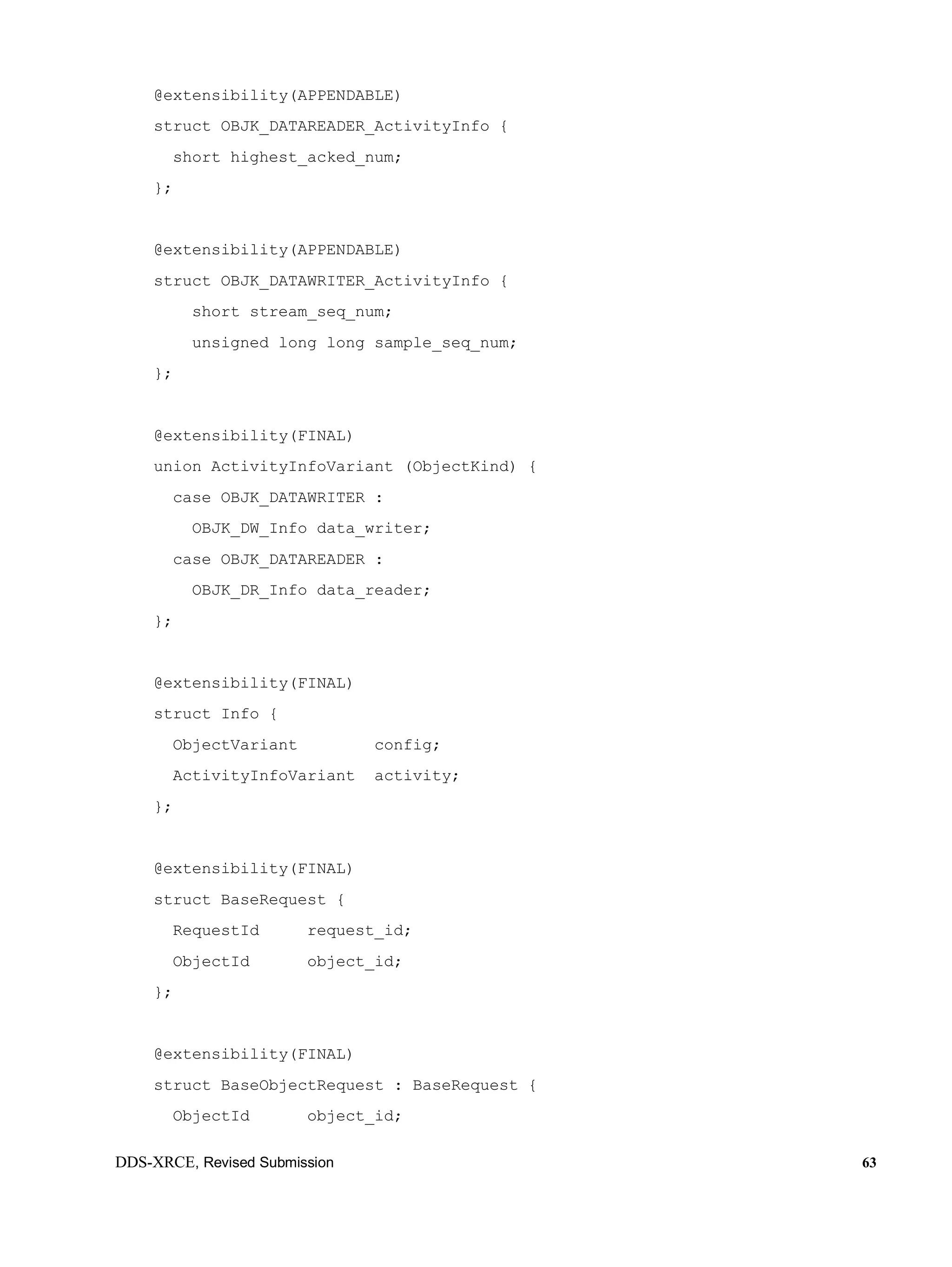 DDS-XRCE, Revised Submission 63
@extensibility(APPENDABLE)
struct OBJK_DATAREADER_ActivityInfo {
short highest_acked_num;
};
@extensibility(APPENDABLE)
struct OBJK_DATAWRITER_ActivityInfo {
short stream_seq_num;
unsigned long long sample_seq_num;
};
@extensibility(FINAL)
union ActivityInfoVariant (ObjectKind) {
case OBJK_DATAWRITER :
OBJK_DW_Info data_writer;
case OBJK_DATAREADER :
OBJK_DR_Info data_reader;
};
@extensibility(FINAL)
struct Info {
ObjectVariant config;
ActivityInfoVariant activity;
};
@extensibility(FINAL)
struct BaseRequest {
RequestId request_id;
ObjectId object_id;
};
@extensibility(FINAL)
struct BaseObjectRequest : BaseRequest {
ObjectId object_id;
 