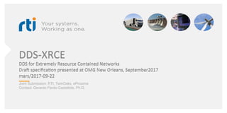 DDS-XRCE	
DDS	for	Extremely	Resource	Contained	Networks	
Dra<	speciﬁca?on	presented	at	OMG	New	Orleans,	September2017	
mars/2017-09-22	
Joint Submission: RTI, TwinOaks, eProsima
Contact: Gerardo Pardo-Castellote, Ph.D.
 