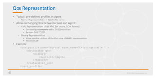 Qos Representation
• Typical: pre-defined profiles in Agent
– Name-Representation -> QosPofile name
• Allow exchanging Qos between client and Agent:
– XML Representation. Uses XML (or future JSON format)
• Can configure complete set of DDS Qos policies
• Re-uses DDS-XTYPES
– Binary Representation
• Allow sending a subset of the Qos using a BINARY representation
• Reuses XCDR
• Example:
<qos_profile name="MyProf" base_name="ExistingProfile " >
<datawriter_qos>
<history>
<depth>10</depth>
</history>
</datawriter_qos>
</qos_profile>
©2017 Real-Time Innovations, Inc.
 
