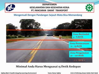 Zona Pengamatan
30 – 120 detik
Zona Perencanaan
12 - 15 detik
Zona Bertindak
4 - 6 detik
Minimal Anda Harus Menguasai 15 Detik Kedepan
Safety.Man’s health.Integrity.Learning.Environment Come Home Safely D.A.S.H (Driving Aman Selalu Hati-Hati)
DEPARTEMEN
KESELAMATAN DAN KESEHATAN KERJA
PT. PANCARAN DARAT TRANSPORT
 