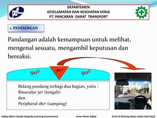1. PANDANGAN
Pandangan adalah kemampuan untuk melihat,
mengenal sesuatu, mengambil keputusan dan
bereaksi.
Bidang pandang terbagi dua bagian, yaitu :
Binocular 300 (tengah)
dan
Peripheral 1800 (samping)
900 90030 0
Safety.Man’s health.Integrity.Learning.Environment Come Home Safely D.A.S.H (Driving Aman Selalu Hati-Hati)
DEPARTEMEN
KESELAMATAN DAN KESEHATAN KERJA
PT. PANCARAN DARAT TRANSPORT
 