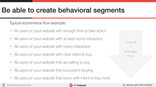 TON@ONLINEDIALOGUE.COM
Be able to create behavioral segments!
Typical ecommerce ﬂow example:
ü  All users on your website with enough time to take action
ü  All users on your website with at least some interaction
ü  All users on your website with heavy interaction
ü  All users on your website with clear intent to buy
ü  All users on your website that are willing to buy
ü  All users on your website that succeed in buying
ü  All users on your website that return with intent to buy more
Funnel	
+	
Average	
5me	
 