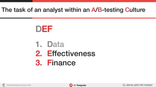 TON@ONLINEDIALOGUE.COM
DEF!
The task of an analyst within an A/B-testing Culture!
1.  Data!
2.  Effectiveness!
3.  Finance!
 