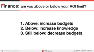 TON@ONLINEDIALOGUE.COM
Finance: are you above or below your ROI limit?!
1.  Above: increase budgets!
2.  Below: increase knowledge!
3.  Still below: decrease budgets!
 