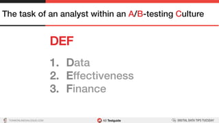 TON@ONLINEDIALOGUE.COM
DEF!
The task of an analyst within an A/B-testing Culture!
1.  Data!
2.  Effectiveness!
3.  Finance!
 