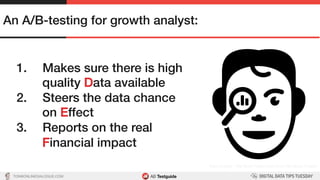 TON@ONLINEDIALOGUE.COM
Data	Analyst	-	The	Noun	Project	icon	from	the	Noun	Project	
An A/B-testing for growth analyst:!
1.  Makes sure there is high
quality Data available!
2.  Steers the data chance
on Effect!
3.  Reports on the real
Financial impact!
 