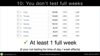 10: You don’t test full weeks 
ü At least 1 full week 
(if your not testing for time of day / week effects) 
Email: ton@testing.agency Twitter: @TonW #DDTT 
 