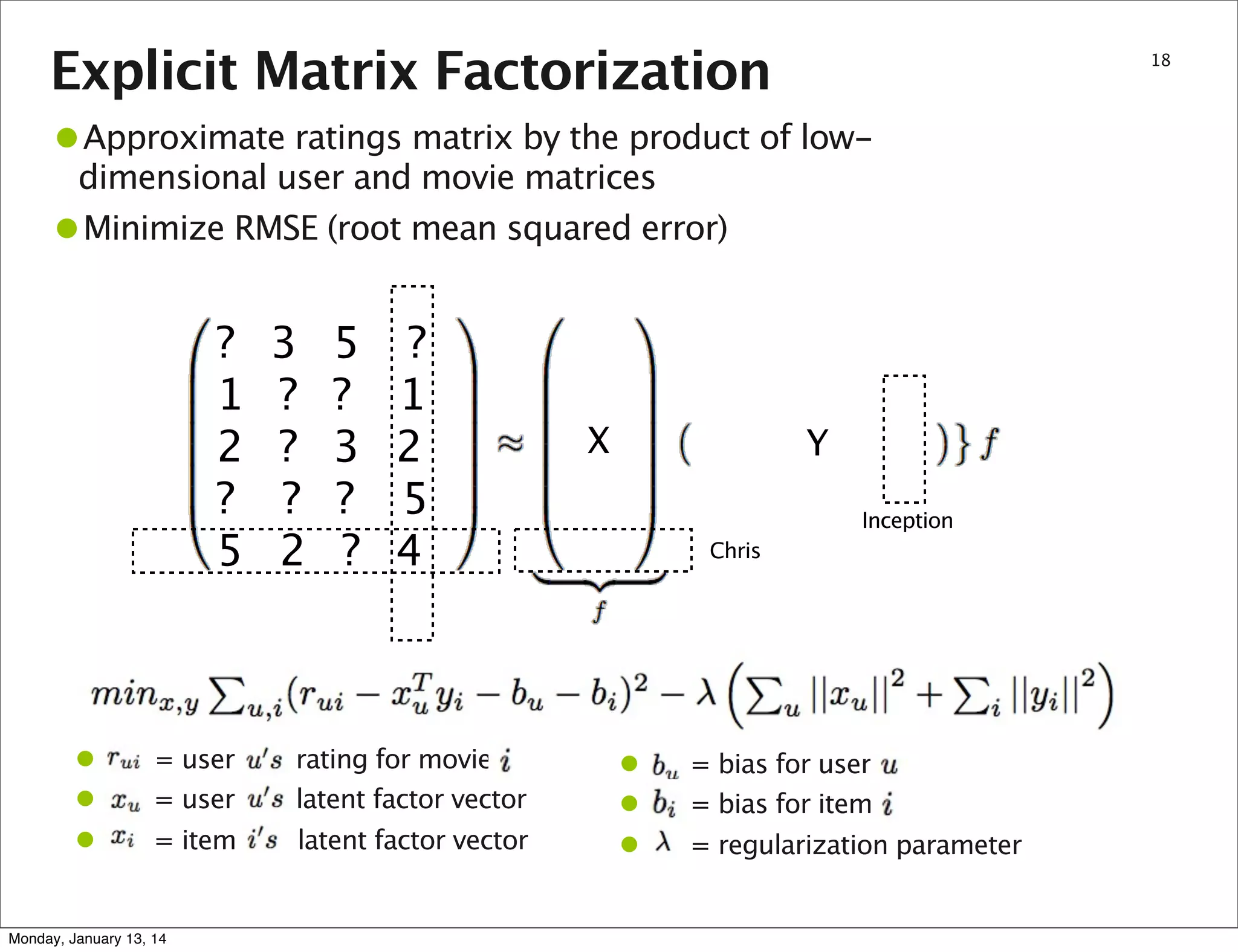 Explicit Matrix Factorization

18

•Approximate ratings matrix by the product of lowdimensional user and movie matrices
Minimize RMSE (root mean squared error)

•

?
1
2
?
5

•
•
•

3
?
?
?
2

5
?
3
?
?

?
1
2
5
4

= user
= user

rating for movie
latent factor vector

= item

latent factor vector

Monday, January 13, 14

X

Y
Inception
Chris

•
•
•

= bias for user
= bias for item
= regularization parameter

 