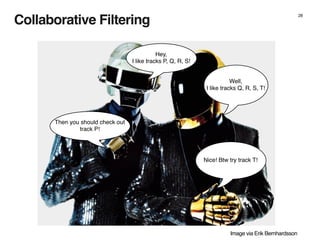Collaborative Filtering
28
Hey,
I like tracks P, Q, R, S!
Well,
I like tracks Q, R, S, T!
Then you should check out
track P!
Nice! Btw try track T!
Image via Erik Bernhardsson
 